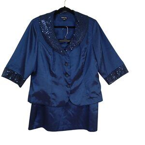 Dana Kay Womens Blue Sequined Collar & Cuff Two-Piece Skirt Suit 18W